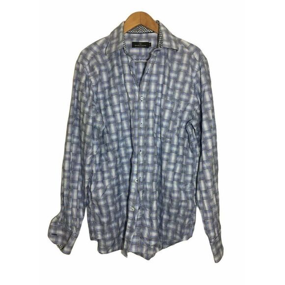 Bugatchi Uomo Button Dress Shirt Mens‎ Large Long Sleeve Plaid Blue - Picture 1 of 7